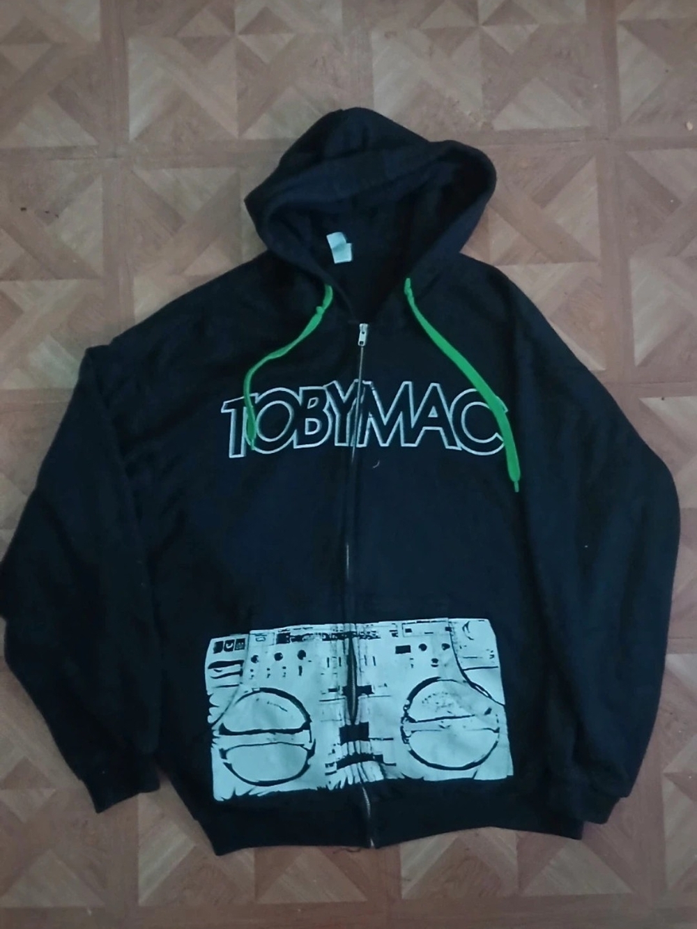Vintage Tultex Toby Mac Black ZipUp Hoodie with Green Drawstrings & White Print
